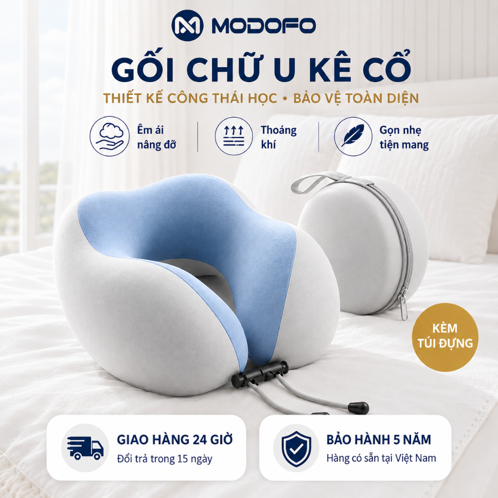 Gối Chữ U Kê Cổ Modofo Memory Foam Gấp Gọn, Vải Mát Lạnh Chống Mỏi Du Lịch Văn Phòng
