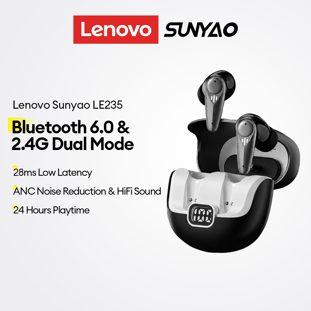 Tai nghe chơi game không dây Lenovo Sunyao LE235 Bluetooth 6.0 2.4G Chế độ kép 28ms Độ trễ thấp Âm thanh nổi ANC HiFi Pin 24H