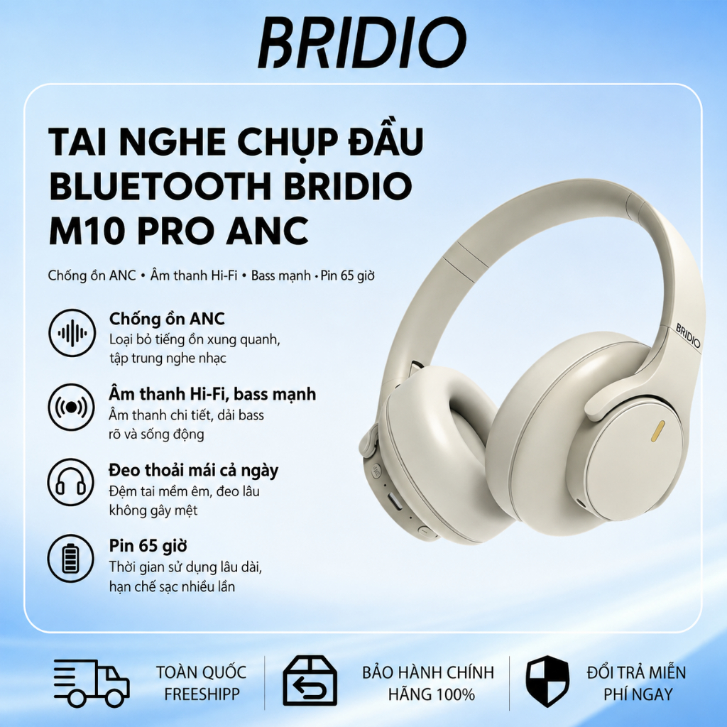 Tai Nghe Không Dây BRIDIO M10 Pro Chụp Tai HIFI Driver 40mm Bluetooth 5.4 Pin 25H Kết Nối AUX | BigBuy360 - bigbuy360.vn