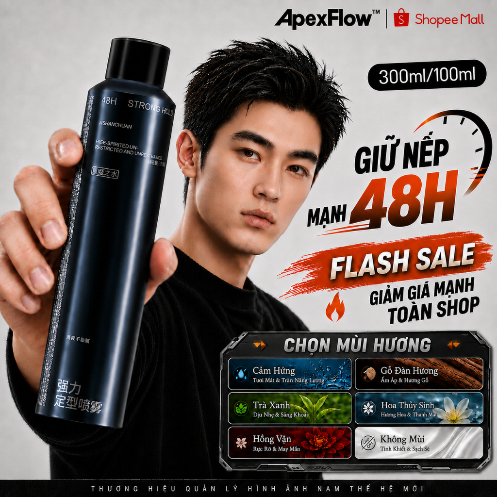 ApexFlow Xịt Phồng Nam - Giữ Nếp Lâu, Phồng Bồng Bềnh, Không Bết, Khô Nhanh, Thơm 300ml