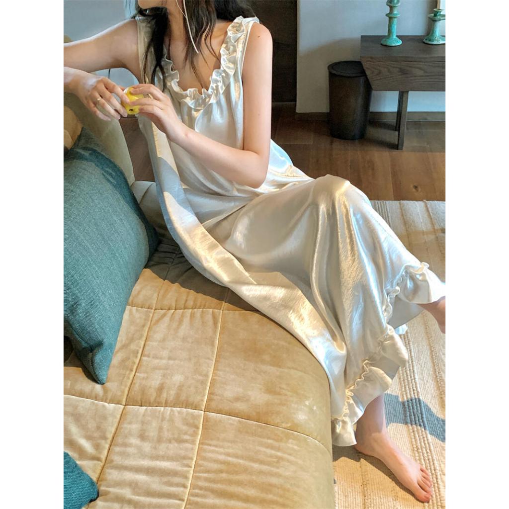 【Vải satin cao cấp – Phong cách sang trọng】Váy ngủ mùa hè màu trắng