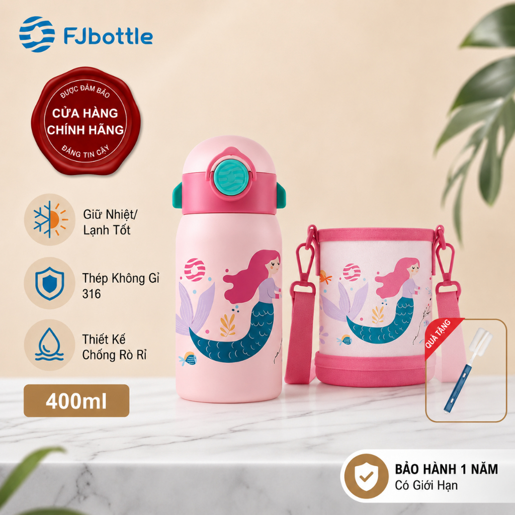 Bình Giữ Nhiệt Cho Bé FJbottle 400ml Bình Nước Giữ Nhiệt Inox 316 Có Ống Hút, Kèm Túi Vải  Không BPA