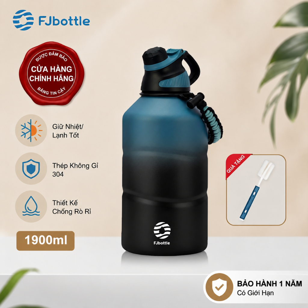 Bình Giữ Nhiệt FJbottle 1900ml Bình Nước Giữ Nhiệt Thể Thao Dung Tích Lớn Có Dây Xách, Kèm Cọ Rửa
