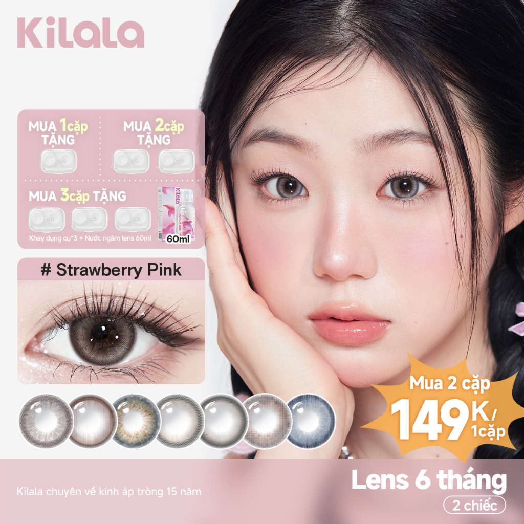 Kính áp tròng Kilala màu đen Strawberry Pink/Wind Yay Brown/ Wild Fruit Brown lens cận 6 tháng DIA 14.2mm có độ (0-7) 1 cặp.