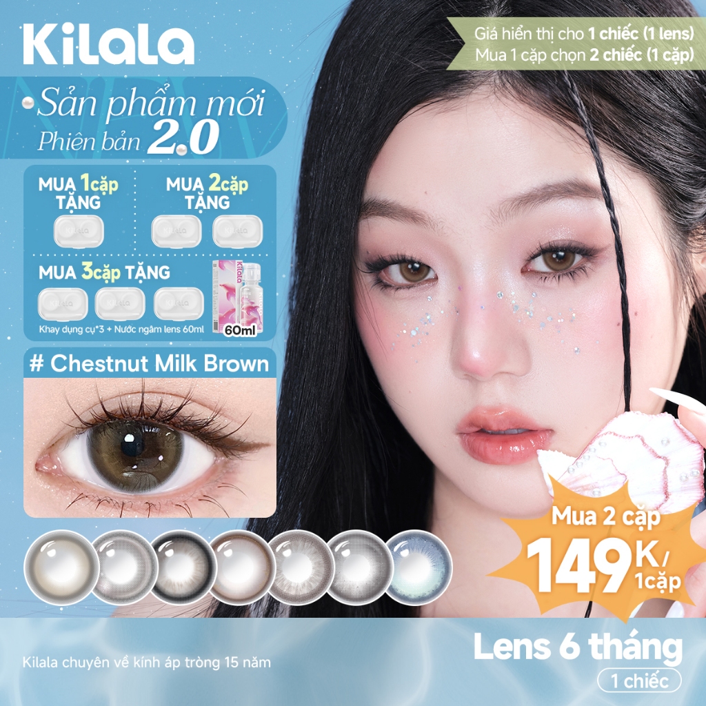 Kính áp tròng màu Kilala - Nâu Chestnut Milk Brown/ Xám Lychee Grey/ Xanh Pandora Blue lens cận 6 tháng DIA 14.2mm có độ (0-7)  Ocean Pearl Collection[Giá 1 chiếc lens ]