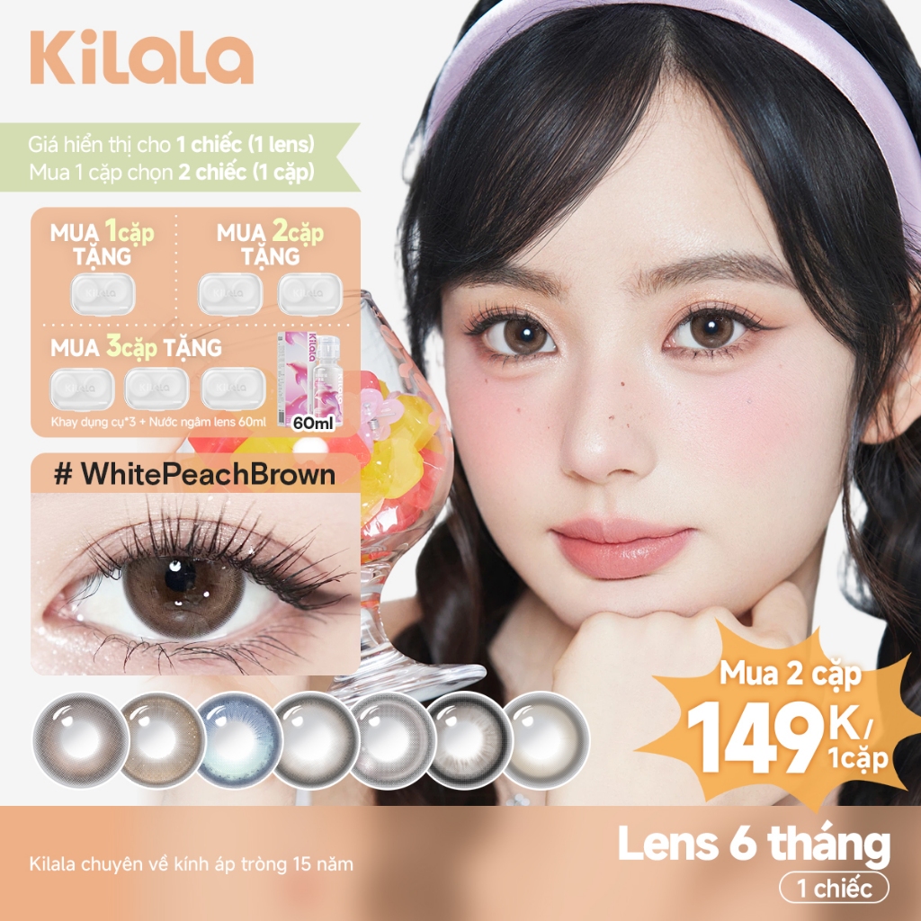 Kính áp tròng màu Kilala - Nâu Đen White Peach Brown/Pearly Grey lens cận 6 tháng DIA 14.2mm có độ (0-7)  Ocean Pearl Collection[Giá 1 chiếc lens ]