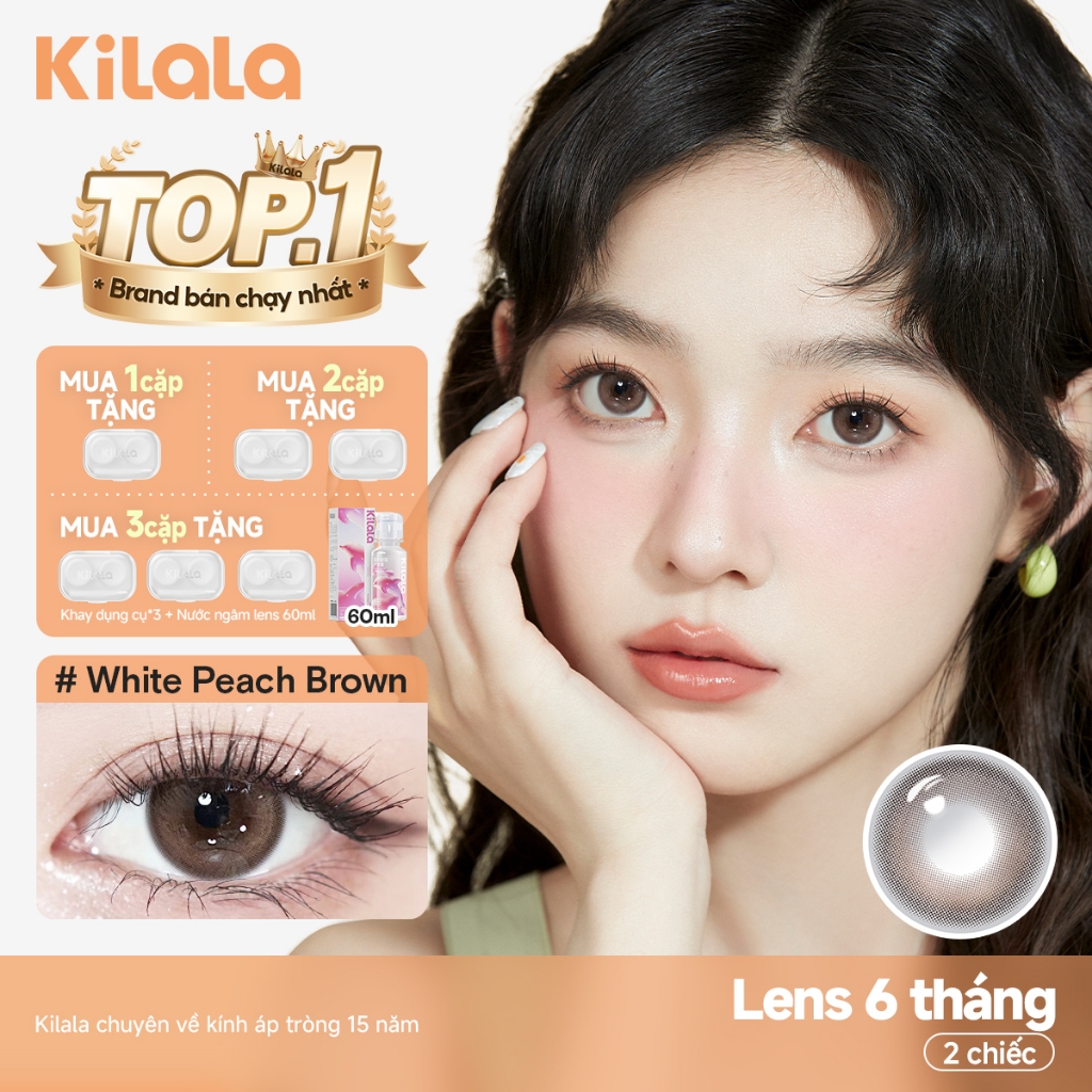 Kính áp tròng Kilala màu nâu White Peach Brown DIA 14.5mm lens cận 6 tháng có độ (0-8) 1 cặp