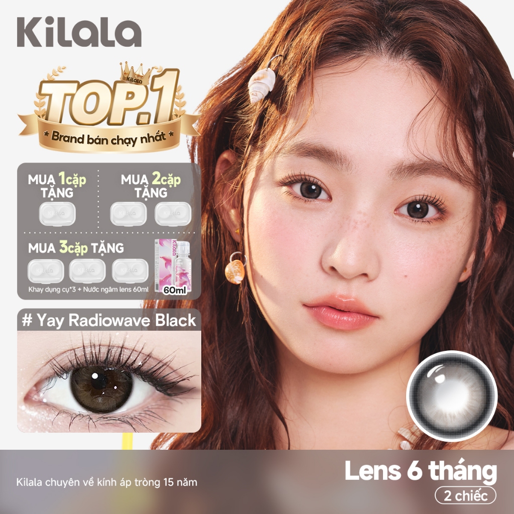 Kính áp tròng Kilala màu đen Yay Radiowave Black lens cận 6 tháng DIA 14.2mm có độ (0-8) 1 cặp