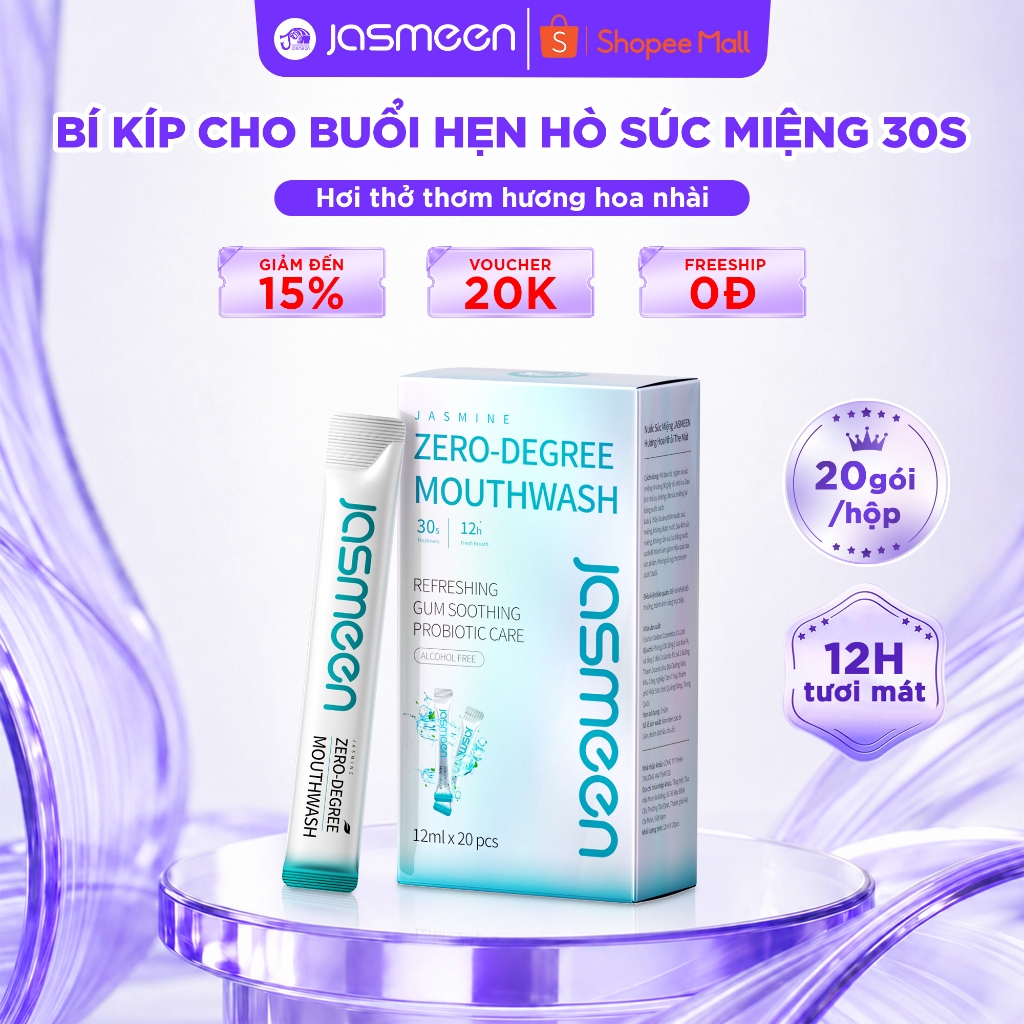 Nước Súc Miệng JASMEEN Không Cay, Giúp Hơi Thở Thơm Mát Lâu Dài - Hương Hoa Nhài, Không Cồn - 1 Hộp 20 Gói