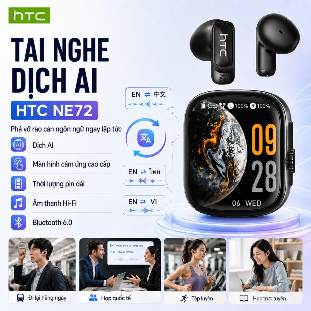 HTC NE72 Vuốt sang phải để dịch AI Dịch Thời Gian Thực 134 Ngôn Ngữ Bluetooth 6.0 Màn Hình LED Cảm Ứng Âm Thanh HiFi Stereo Công Nghệ Khử Ồn Chống Nước IPX5