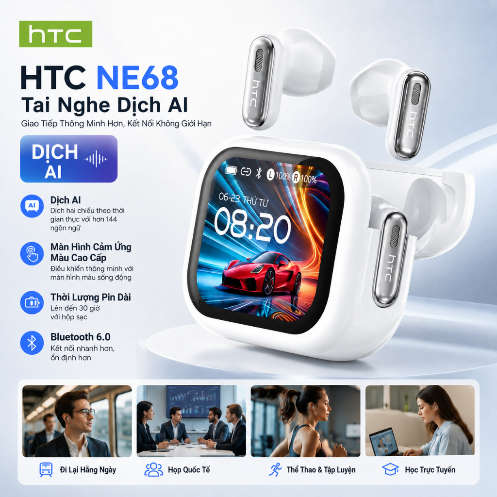 HTC NE68 Tai Nghe Phiên Dịch Dịch Hỗ trợ dịch phụ đề video theo thời gian thực Thời Gian Thực 134 Ngôn Ngữ luetooth 6.0 Màn Âm HiFi màn hình LED Chống ồn ANC  Chống nước IPX5  cho IOS / Android / PC
