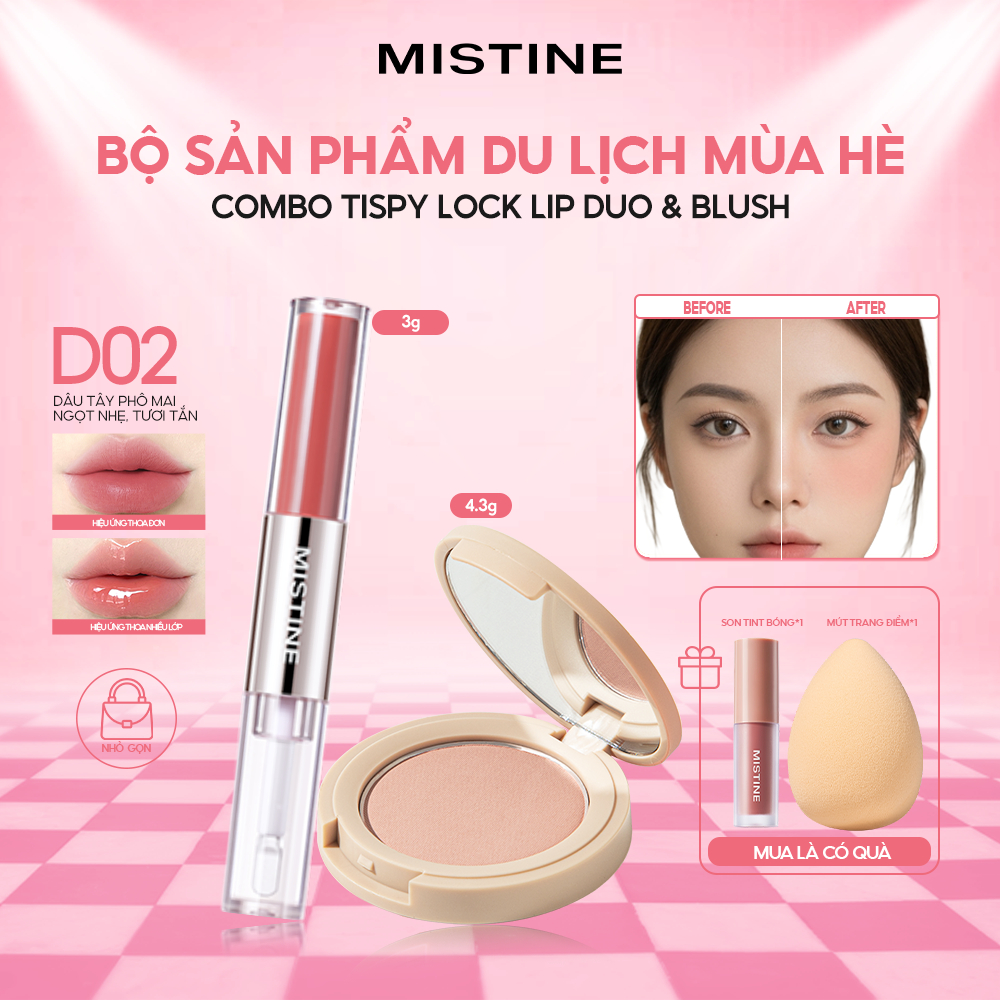 Set Son Môi Hai Đầu MISTINE 3g + Phấn Má Hồng 4.3g | Màu Lâu Trôi, Căng Bóng Tự Nhiên, Má Hồng Sắc Tố Cao | Tặng Son Mini 1.3g & Mút Trang Điểm