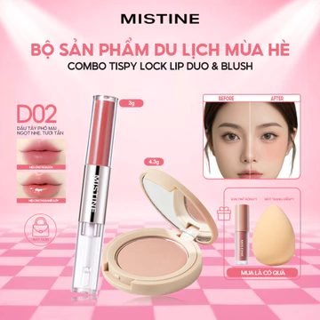 Set Son Môi Hai Đầu MISTINE 3g + Phấn Má Hồng 4.3g | Màu Lâu Trôi, Căng Bóng Tự Nhiên, Má Hồng Sắc Tố Cao | Tặng Son Mini 1.3g & Mút Trang Điểm