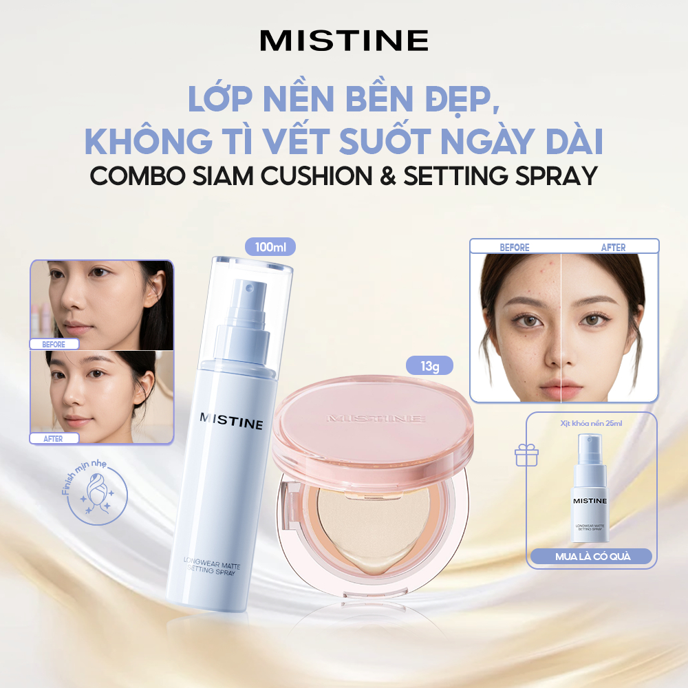 Set Cushion Cầu Vồng Xiêm La MISTINE 13g + Xịt Khóa Makeup 100ml | Kiềm Dầu 12H, Chống Nước Chống Mồ Hôi, Lâu Trôi, Che Phủ Mịn Lì | Tặng Xịt Khóa Nền 25ml