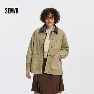 Semir Cotton Thoáng Khí Denim Áo Khoác Nữ Dài Quá Khổ Giả Da Cổ Vintage Rửa 2026