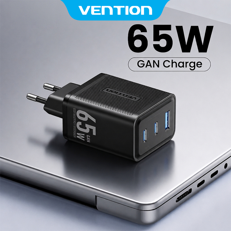 Vention Củ sạc nhanh GaN 65W -  3 cổng (2 USB-C + 1 USB-A) hỗ trợ PD 3.0, QC 4.0, PPS -  Sạc Nhanh Laptop/phone 17/16/15/14/13/12/11/Pad - Hàng Chính Hãng