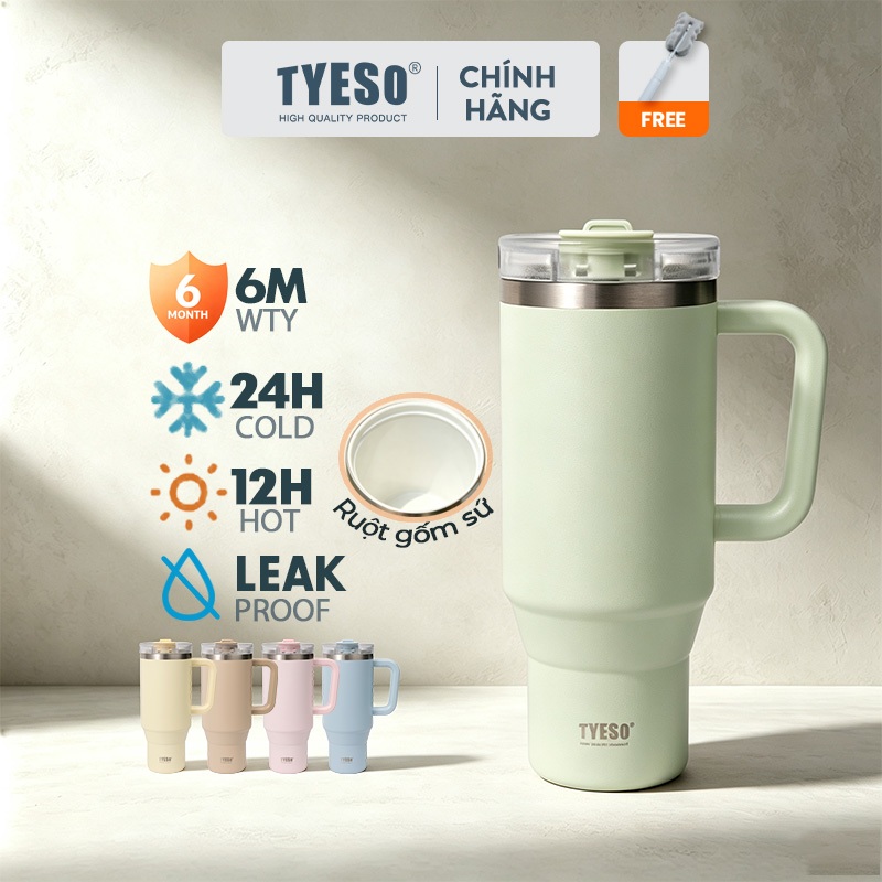 TYESO Ly Giữ Nhiệt Inox 304 900ml/1200ml Có Ống Hút Bật, Quai Cầm, Lớp Phủ Ceramic, Chống Rò Rỉ, Để Cốc Ô Tô 01-02904
