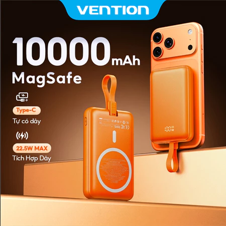 【Hàng mới 2026】Vention Sạc Dự Phòng Màu Cam, Hỗ Trợ Sạc Nhanh Không Dây 15W, Sạc Dự Phòng Từ Tính 10000mAh Cao Cấp Mini, Tương Thích iPhone Samsung Huawei OPPO Vivo, Hàng Chính Hãng.