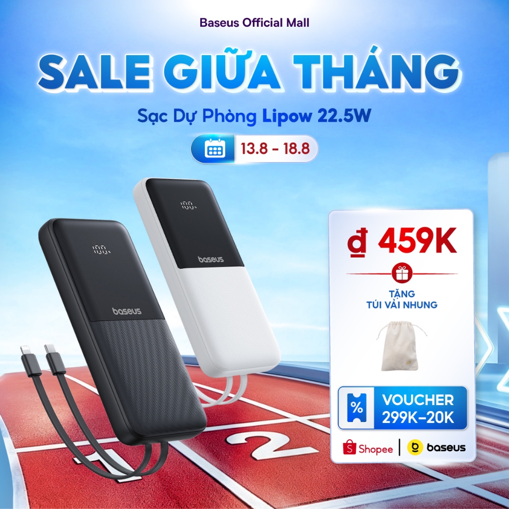 Sạc Dự Phòng Baseus Lipow 20000mAh – Cáp Kép, Màn Hình Kỹ Thuật Số, Công Suất 22.5W