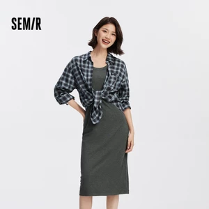 Semir Co Giãn Đan Cổ Chữ U Áo Sơ Mi Kẻ Sọc Bộ Hai Mảnh Nữ Midi Văn Phòng Thường Ngày 2026