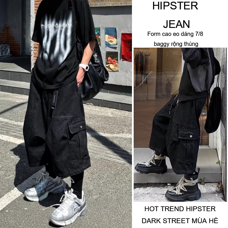 Quần Short Jean Nam Nguyên Màu Đen Vải Denim Nặng Dày Dáng 7/8 Baggy Rộng Thùng Nhiều Túi Cargo 3D Hai Bên Đùi Phong Cách Hipster Dark Street Unisex Nam Nữ Mùa Hè