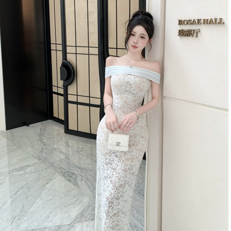 Pháp Gợi Cảm Màu Trơn Ren Ống Top Váy Dài Nữ Mặc Ôm Hơn Nhìn Co Giãn Gạc Khâu Kim Sa Lấp Lánh Cổ Một Dòng Không Tay Giữa @