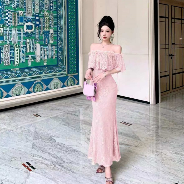 Pháp Gợi Cảm Màu Trơn Ren Ống Top Váy Dài Nữ Ôm Hơn Nhìn Co Giãn Cổ Một Dòng Tay Ngắn Giữa Tay