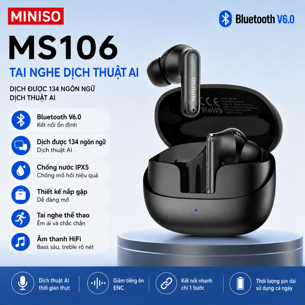 MINISO MS106 Tai nghe không dây phiên dịch Baseus AI Hỗ Trợ Bản Dịch 134 Ngôn Ngữ Giảm tiếng ồn Hi-Res Bluetooth 6.0 IPX5 Chống nước 50Hr Điều Khiển Cảm Ứng Thông Minh Chất Lượng Cuộc Gọi HD, Được Đánh Giá Chống Thấm Nước IPX5 | BigBuy360 - bigbuy360.vn