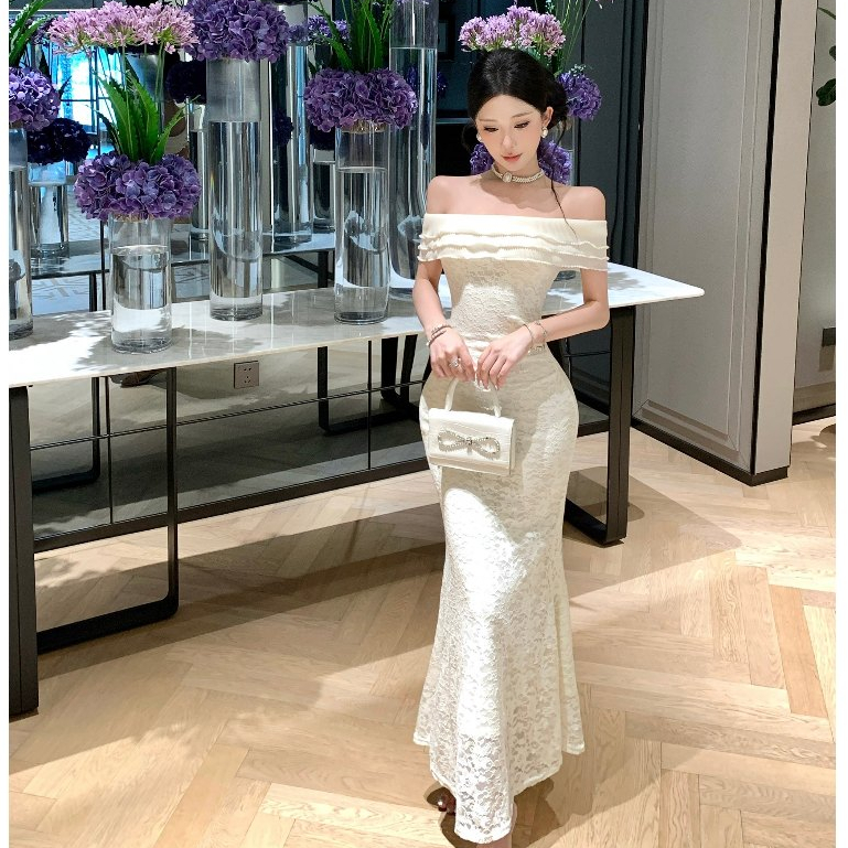 Pháp Gợi Cảm Màu Be Ren Ống Top Váy Dài Nữ Ôm Hơn Cổ Một Dòng Tay Ngắn Giữa Chiều Dài Đuôi Cá Đầm
