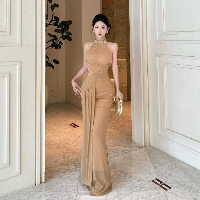 Đầm dài cổ dây gợi cảm kiểu Pháp dành cho nữ dáng ôm hơn cổ tròn không tay Váy Skinny dài vừa phải