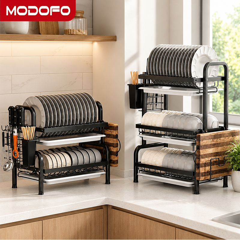 Kệ úp chén bát MODOFO thép carbon chống gỉ, giá để bát đĩa đa năng có khay hứng nước