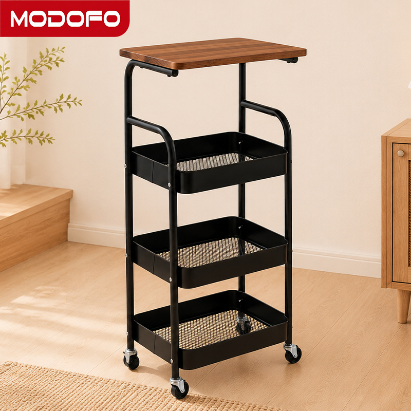Xe đẩy đa năng MODOFO 4 tầng có bánh xe, kệ để đồ lưu trữ mặt gỗ khung thép