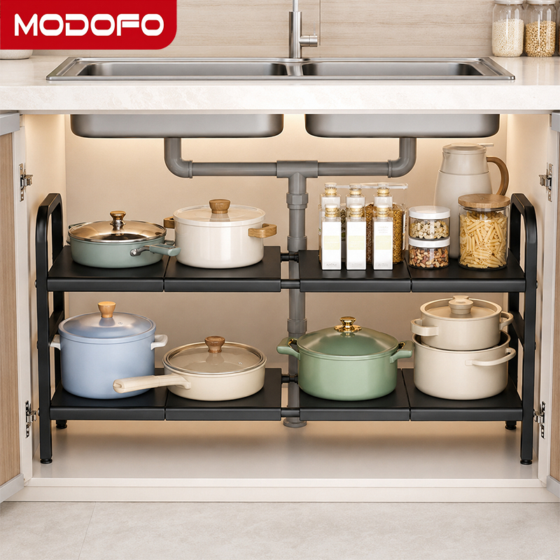 MODOFO Kệ Gầm Bếp Co Giãn 53-88cm Kệ Dưới Bồn Rửa Chén Thép Carbon Chống Gỉ