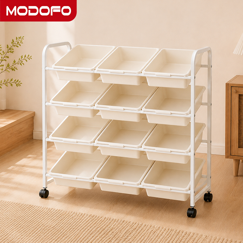 Kệ Để Đồ Chơi Cho Bé MODOFO 4 Tầng 12 Khay, Kệ Đa Năng Có Bánh Xe Khung Thép