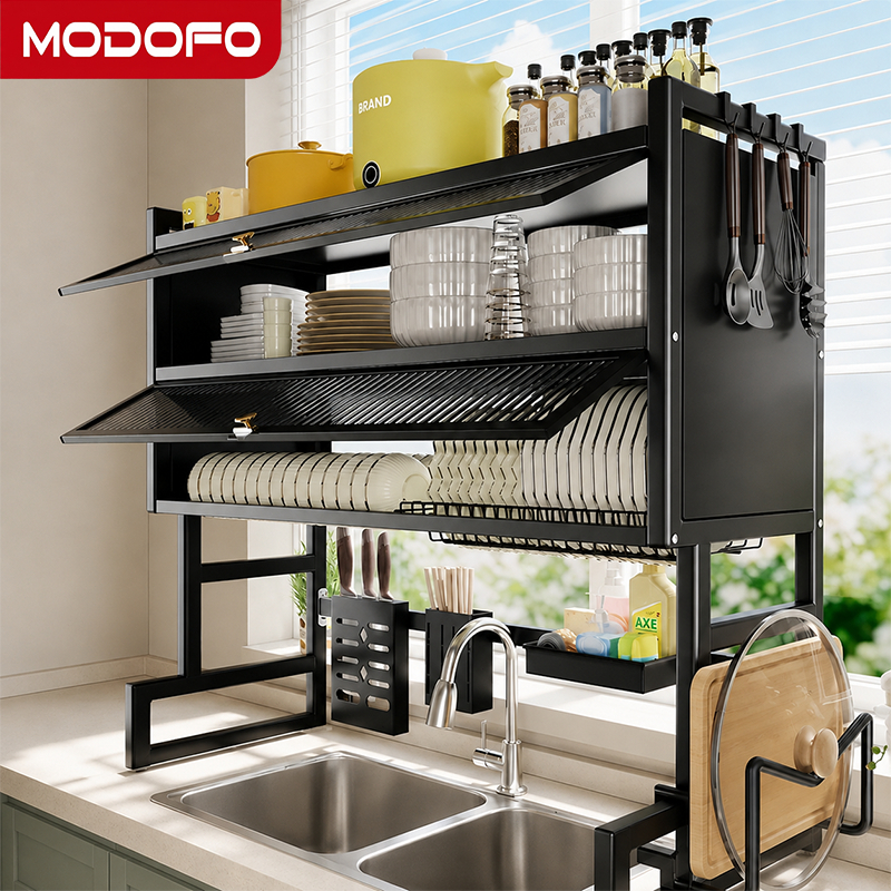 MODOFO Kệ úp bát đĩa trên bồn rửa 2 tầng đa năng có cửa tủ PC thép carbon chống gỉ