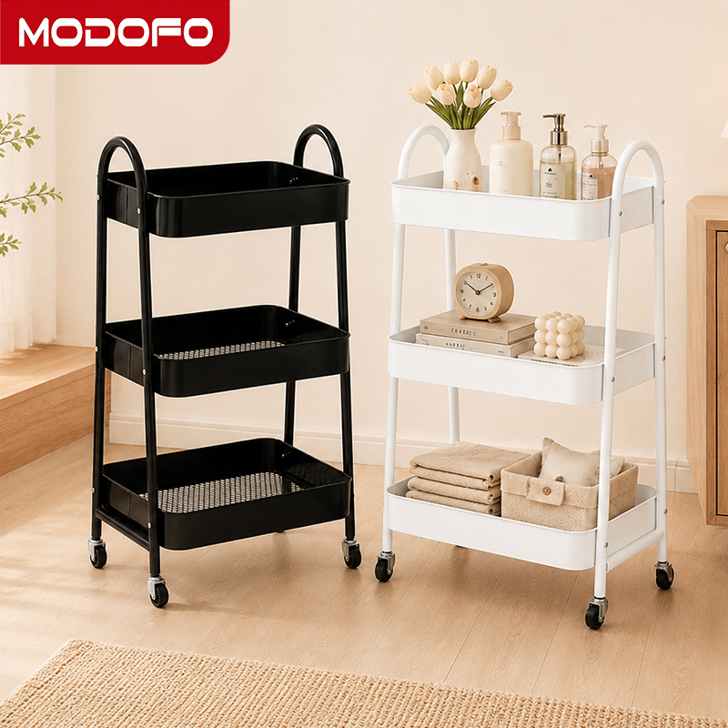 Xe Đẩy Spa 3 Tầng MODOFO Thép Carbon Đa Năng Cho Nhà Bếp Phòng Tắm Bỉm Sữa Có Bánh Xe