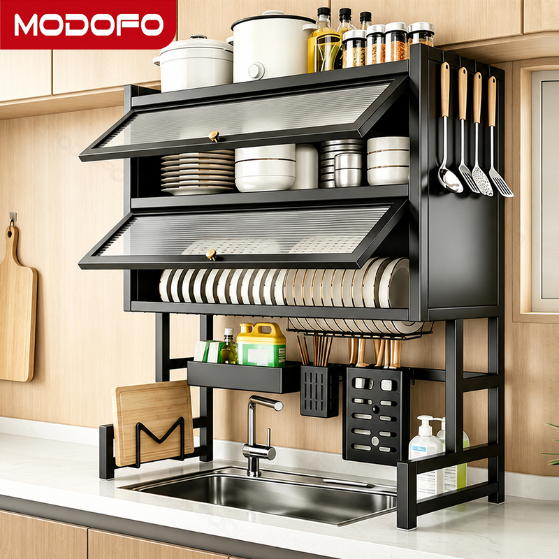 Kệ úp chén bát trên bồn rửa có nắp đậy MODOFO, Giá để bát đĩa thông minh co giãn 65-105cm chống gỉ cao cấp