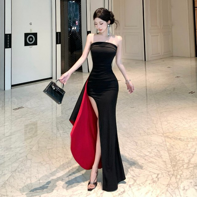 Váy dài ống đen gợi cảm kiểu Pháp dành cho nữ dáng ôm hơn Thiết kế cao cấp Váy chữ A không tay cổ dài vừa phải