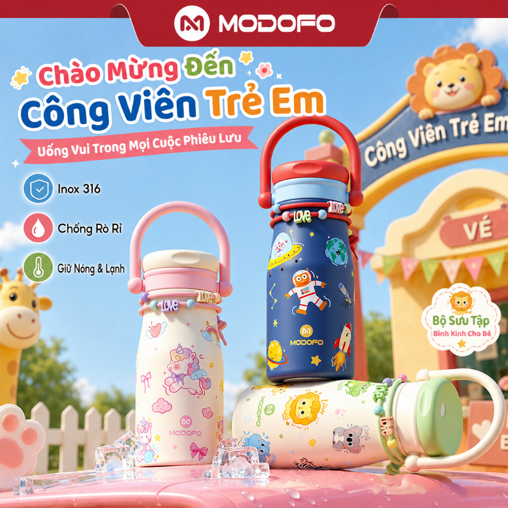 MODOFO Bình Nước Giữ Nhiệt Trẻ Em 600ml Inox 316, Có Ống Hút, Chống Rò Rỉ, Bình Nước Đi Học Hoạt Hình Dễ Thương