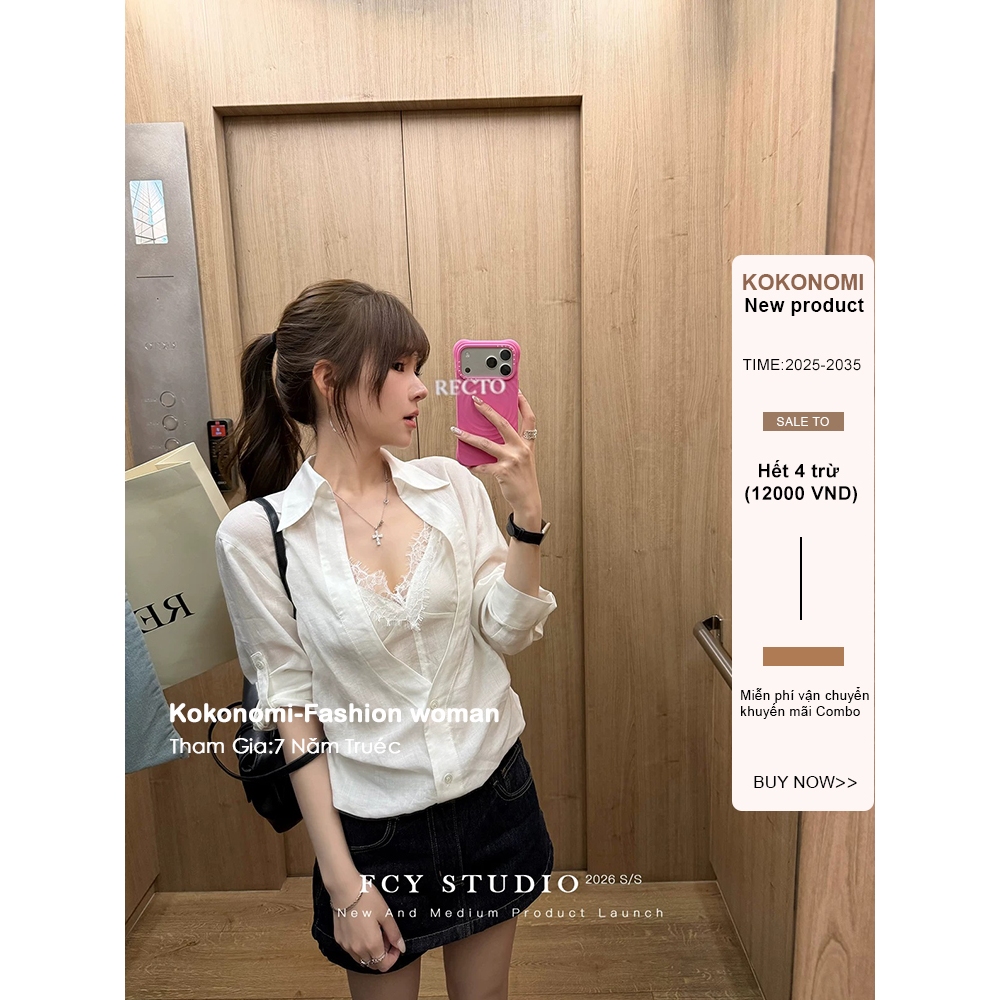 KOKONOMI F Giả Hai Mảnh Ren Tencel Giữa Tay Chống Nắng Áo Sơ Mi Top