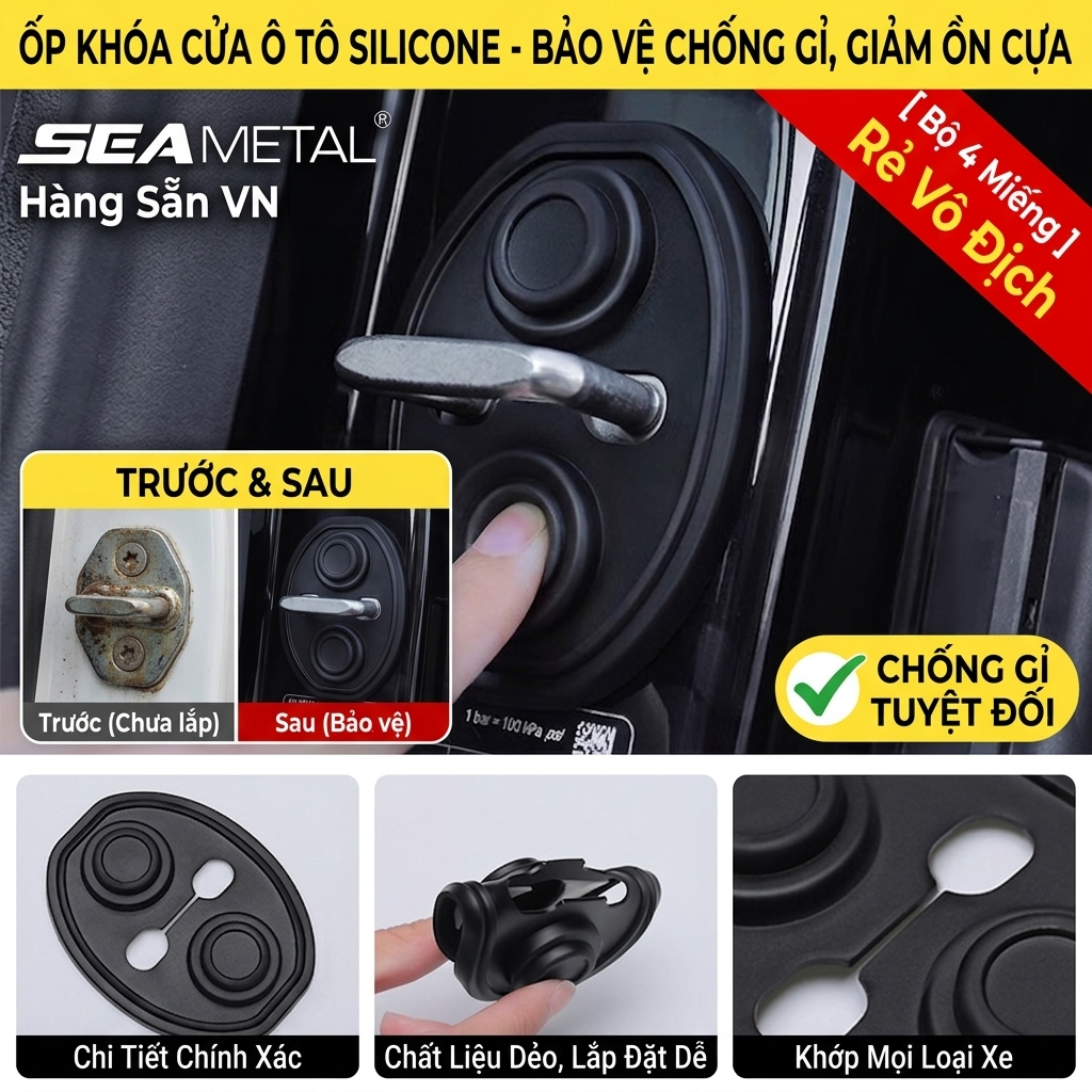 [Bộ 4 Cái] Đệm Khoá Cửa Ô Tô SEAMETAL Silicone - Chống Gỉ, Giảm Tiếng Ồn Va Đập Hiệu Quả