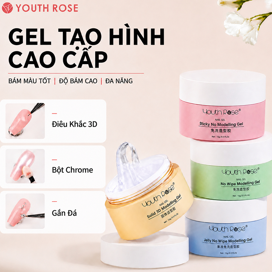 Youth Rose 15g Solid Builder UV Gel 3D Gel điêu khắc móng tay cho nghệ thuật móng tay không dính Gel cứng chạm khắc mở rộng