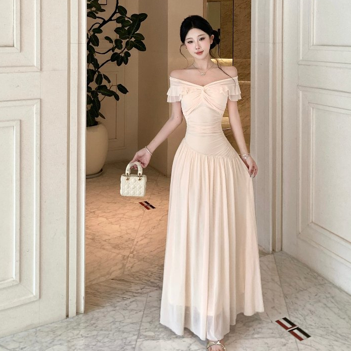 Pháp Gợi Cảm Màu Be Voan Ống Top Váy Dài Nữ Mỏng Hơn Nhìn Co Giãn Cổ Một Dòng Tay Ngắn Giữa Chiều Dài Chữ A Đầm