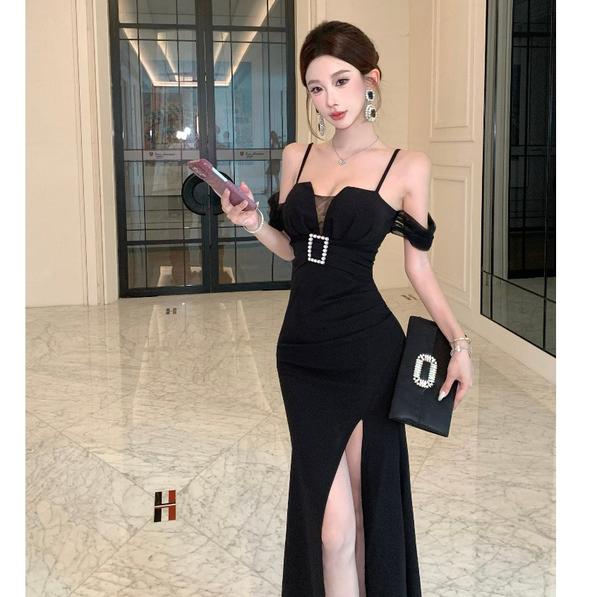 Pháp Gợi Cảm Đen Sling Váy Dài Nữ Ôm Hơn Nhìn Kim Cương Giả Trang Trí Không Tay Giữa Chiều Dài Đuôi Cá Đầm