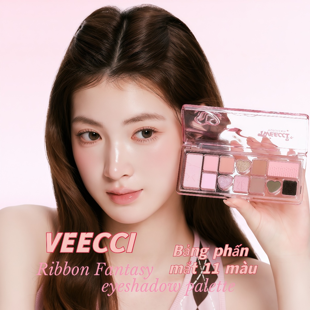 Phấn mắt 11 màu VEECCI thiết kế có sẵn ô mút làm sạch cọ - Bảng phấn mắt makeup lâu trôi, lên màu chuẩn