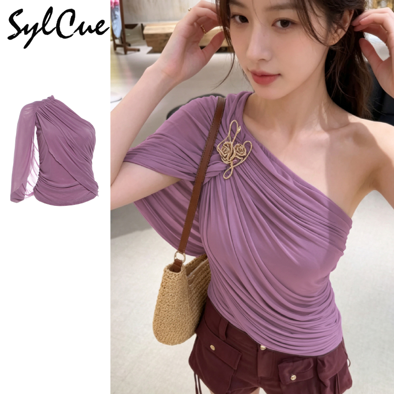 Sylcue Áo Thun Chắc Chắn Ruched Skinny Cá Tính Niche Hot Chick Côn Eo Thời Trang Tính Khí Phong Cách Nóng Mới