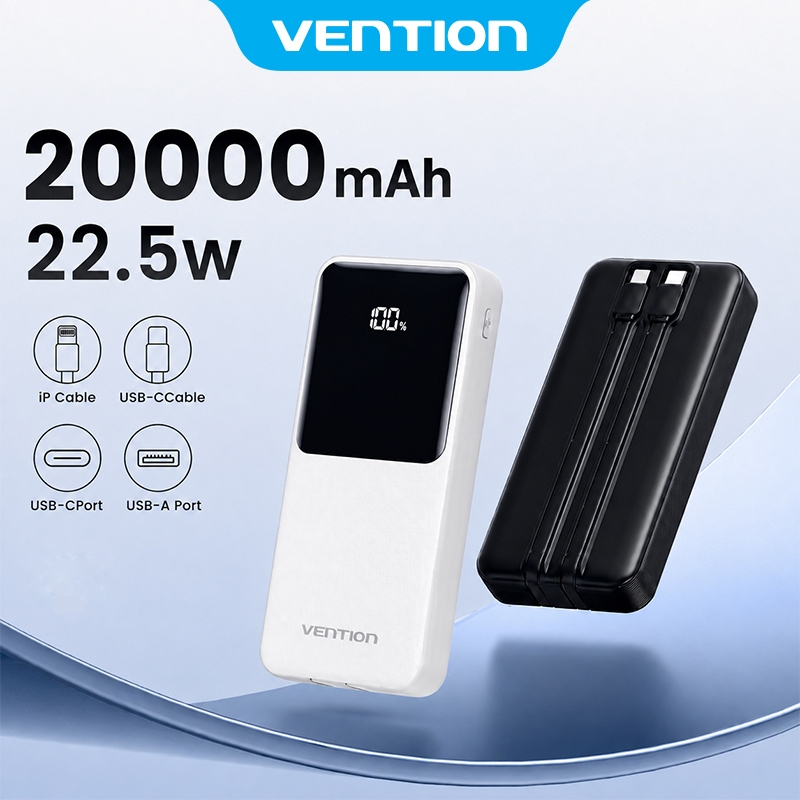 VENTION Sạc dự phòng 20000mAh Power Bank kèm cáp tích hợp 22,5W – Dây Type-C & Lightning tích hợp – Sạc nhanh PD 22.5W –Pin sạc dự phòng Màn hình kỹ thuật số – Hỗ trợ cáp kép cho iPhone 17/16/15/14/13/12/11, samsung, oppo, vivo, BH 12 tháng, Chính hãng