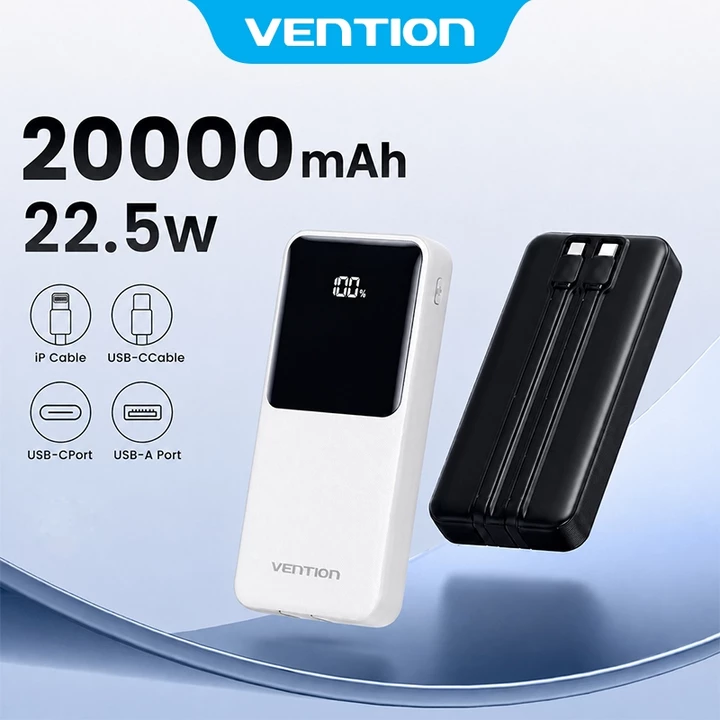 VENTION Sạc dự phòng 20000mAh Power Bank kèm cáp tích hợp 22,5W – Dây Type-C & Lightning tích hợp – Sạc nhanh PD 22.5W –Pin sạc dự phòng Màn hình kỹ thuật số – Hỗ trợ cáp kép cho iPhone 17/16/15/14/13