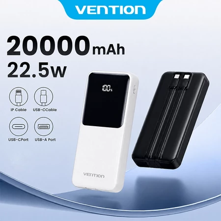 Vention Sạc Dự Phòng 20000mAh có sạc nhanh PD 22.5W - Tích Hợp Dây Type C, L - Power Bank- Công Nghệ Sạc Nhanh -Màn hình kỹ thuật số - Pin dự phòng cho phone 15 /14/13/12/11 XiaoMi Huawei Sansumg - Đư
