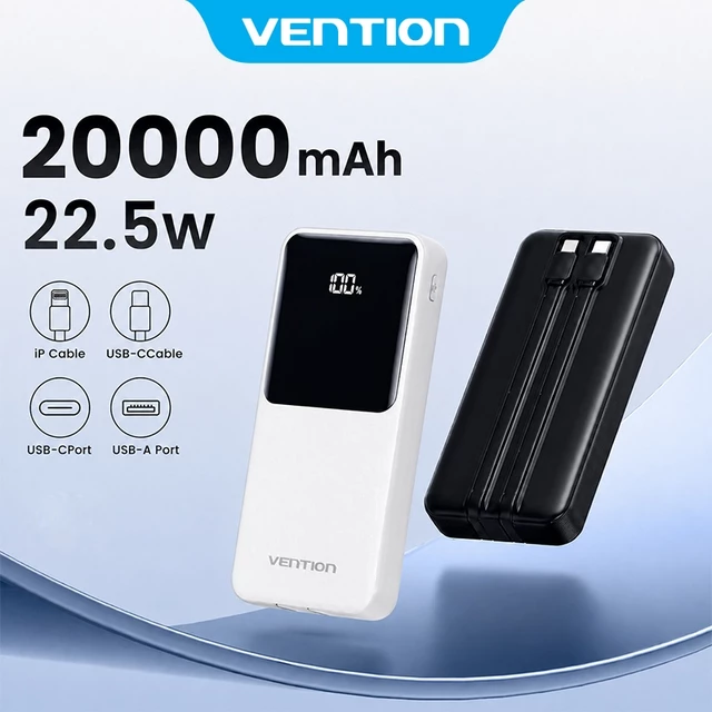 Vention Sạc Dự Phòng 20000mAh có sạc nhanh PD 22.5W - Tích Hợp Dây Type C, L - Power Bank- Công Nghệ Sạc Nhanh -Màn hình kỹ thuật số - Pin dự phòng cho phone 15 /14/13/12/11 XiaoMi Huawei Sansumg - Đư
